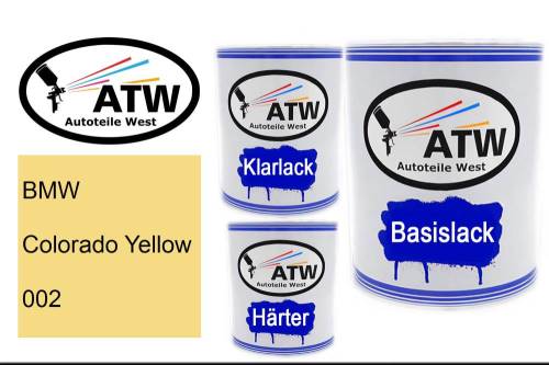 BMW, Colorado Yellow, 002: 1L Lackdose + 1L Klarlack + 500ml Härter - Set, von ATW Autoteile West.